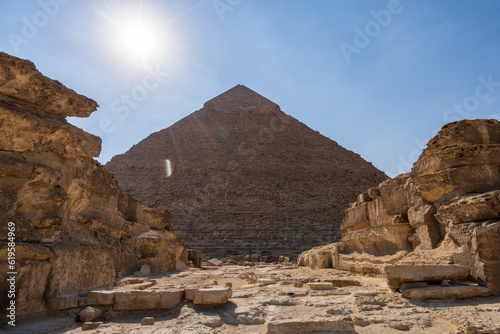 The Giza pyramid complex,  Giza necropolis is home to the Great Pyramid, the Pyramid of Khafre, and the Great Sphinx in Cairo, Egypt.  Travel and history.