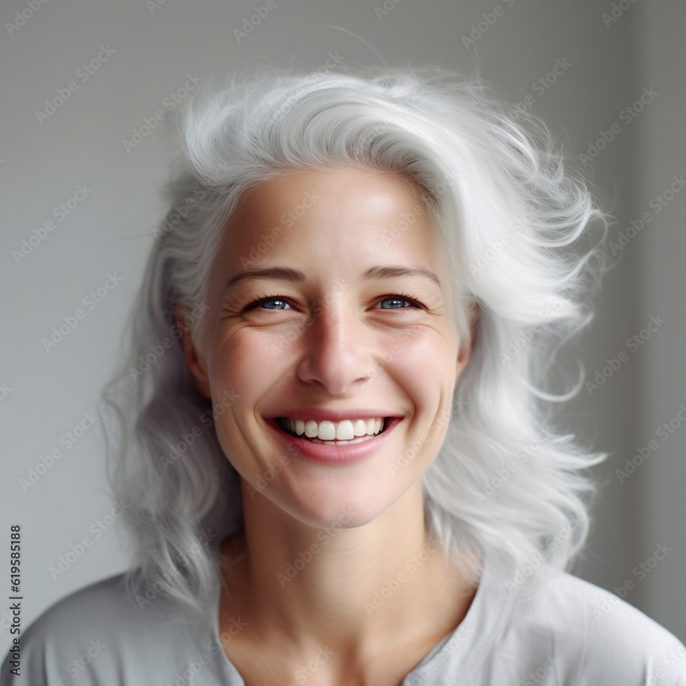 Beautiful woman with gray hair and a big smile. Image generated by AI.