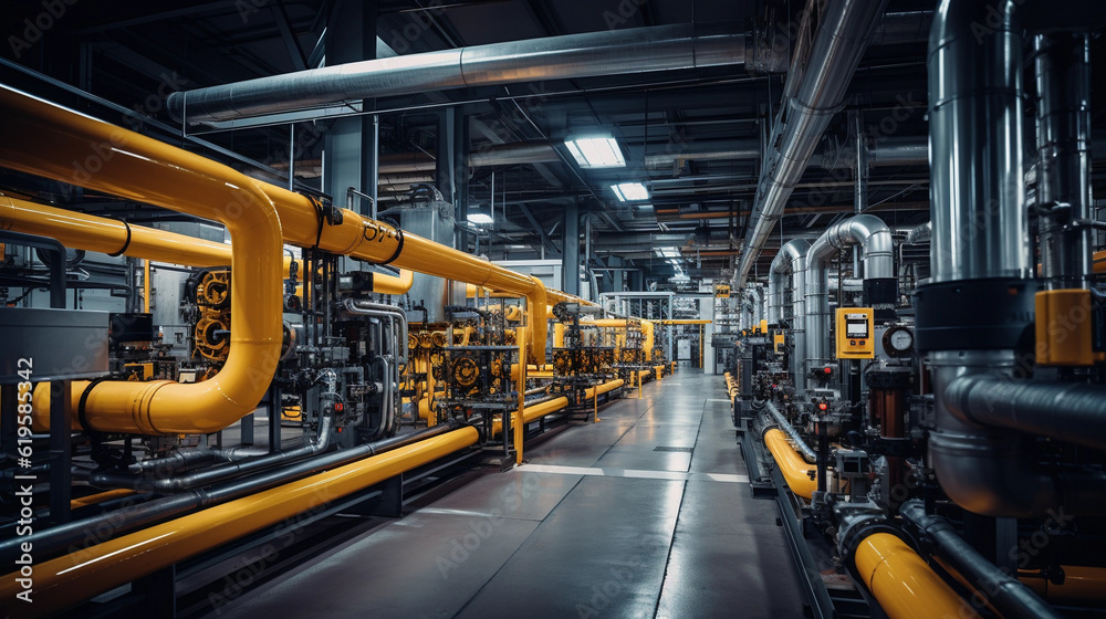Industrial area. Steel pipelines valves and pumps in huge factory building Industrial area. Steel pipelines valves and pumps in huge factory building