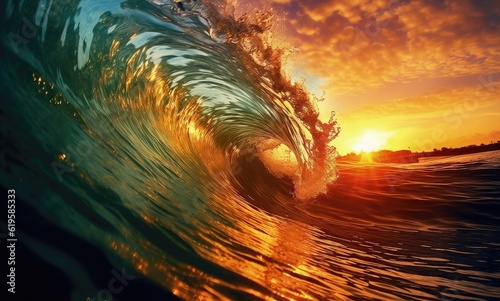 Surfing ocean wave at beautiful sunset. 3d render illustration