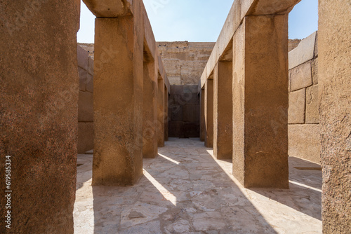 The valley temple of Khafre at the Giza pyramid complex in Cairo, Egypt.  Tavel and history.