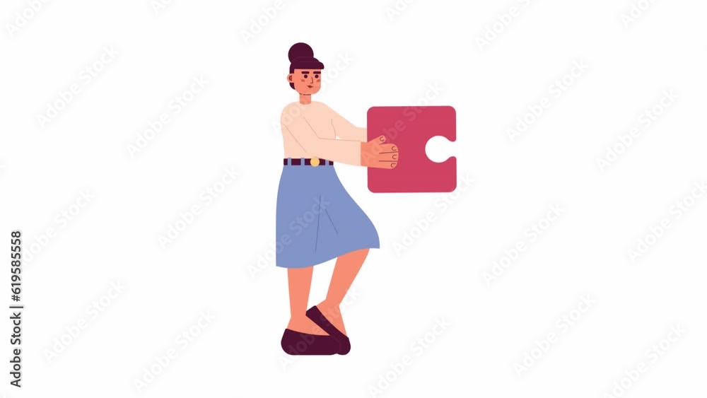 Female office worker holding puzzle piece 2D animation. Employee ...
