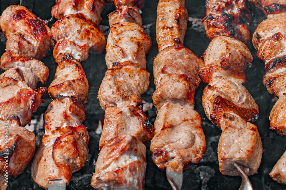 Meat with lard on skewers cooked in chunks on barbecue, close-up, selective focus Meat with lard on skewers cooked in chunks on barbecue, close-up, selective focus