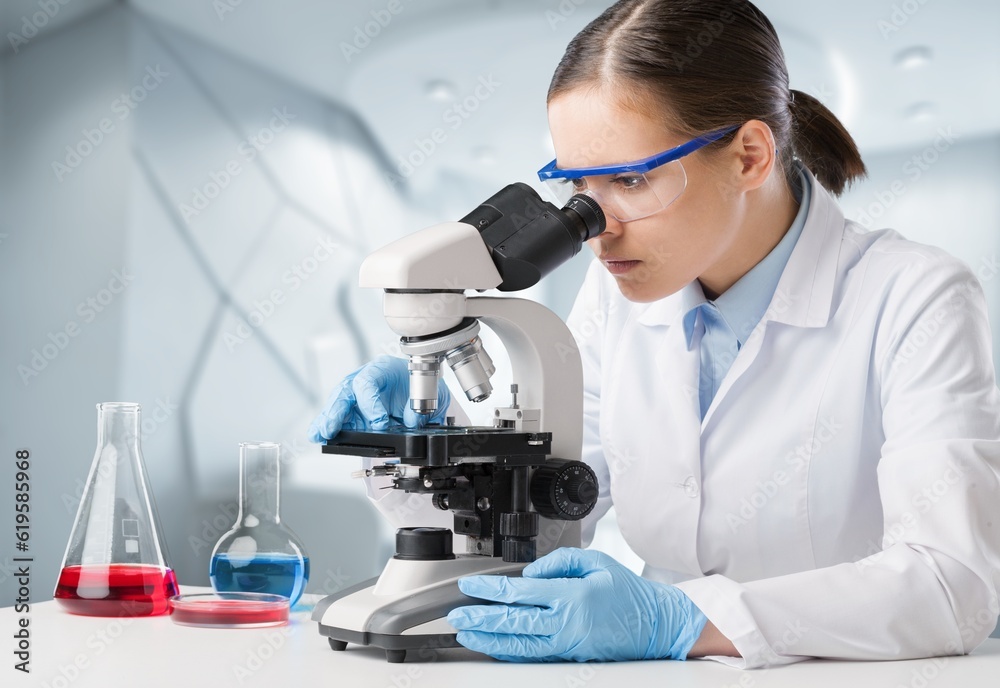 Professional scientist working in modern laboratory, looking in a microscope, AI generated image Professional scientist working in modern laboratory, looking in a microscope, AI generated image