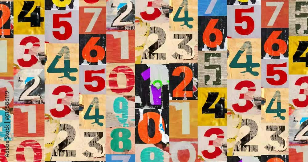 Old colorful posters of numbers ripped torn crumpled paper abstract grunge texture wall backdrop placard surface, Seamless loop collage urban street posters slideshow background