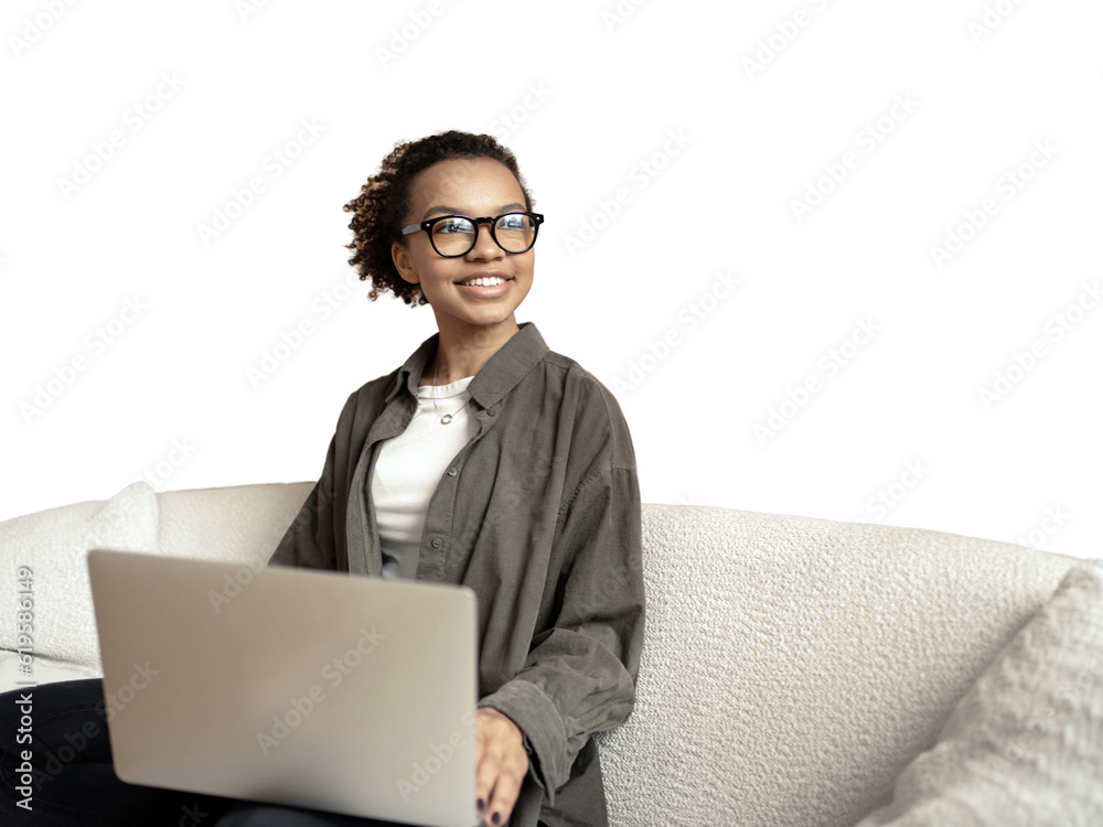 A laptop is used by a woman on a sofa coworking space, a smart man is a confident woman in business clothes going to work in a new office. Transparent background, png.