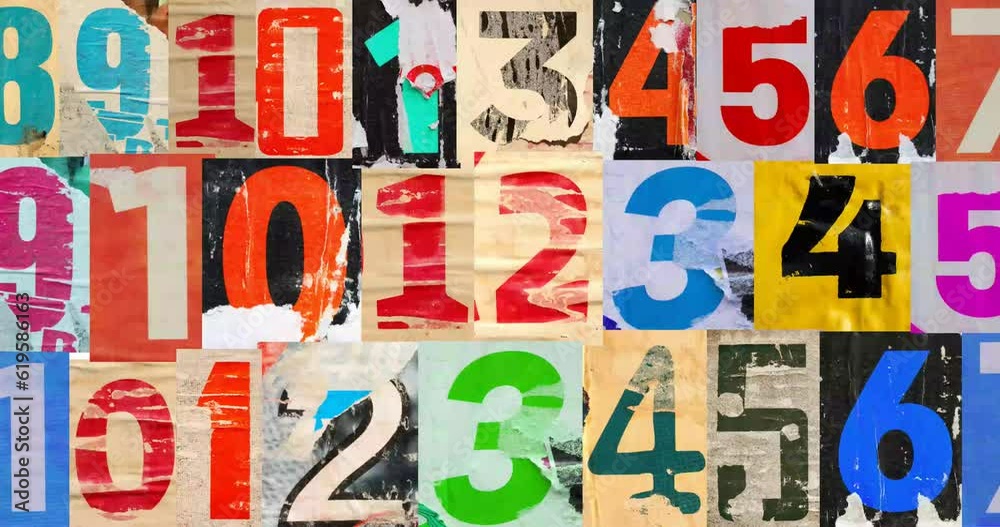 Old colorful posters of numbers ripped torn crumpled paper abstract grunge texture wall backdrop placard surface, Seamless loop collage urban street posters slideshow background