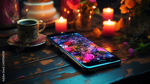 smartphone on the table with colorful wallpaper, created with Generative AI