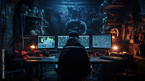 hacker in front of his computer committing digital cybercrime, created with Generative AI