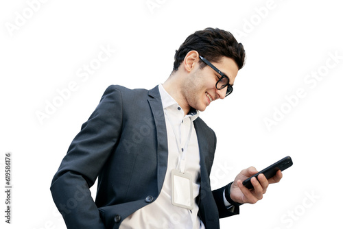 An employee in glasses and a company suit manager responds to a message using the phone Internet online social network. Transparent background, png.