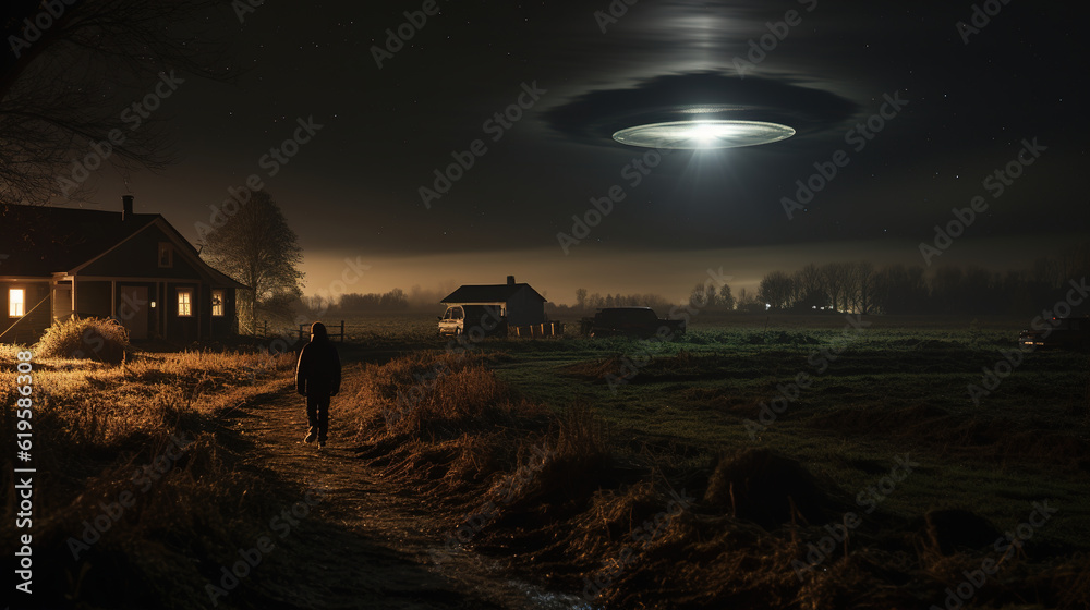 Fototapeta premium A UFO over a farm, created with Generative AI