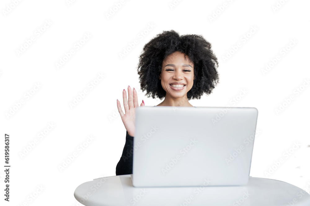 Freelancer video call employee works remotely, uses laptop woman workplace office. Transparent background, png. Freelancer video call employee works remotely, uses laptop woman workplace office. Transparent background, png.