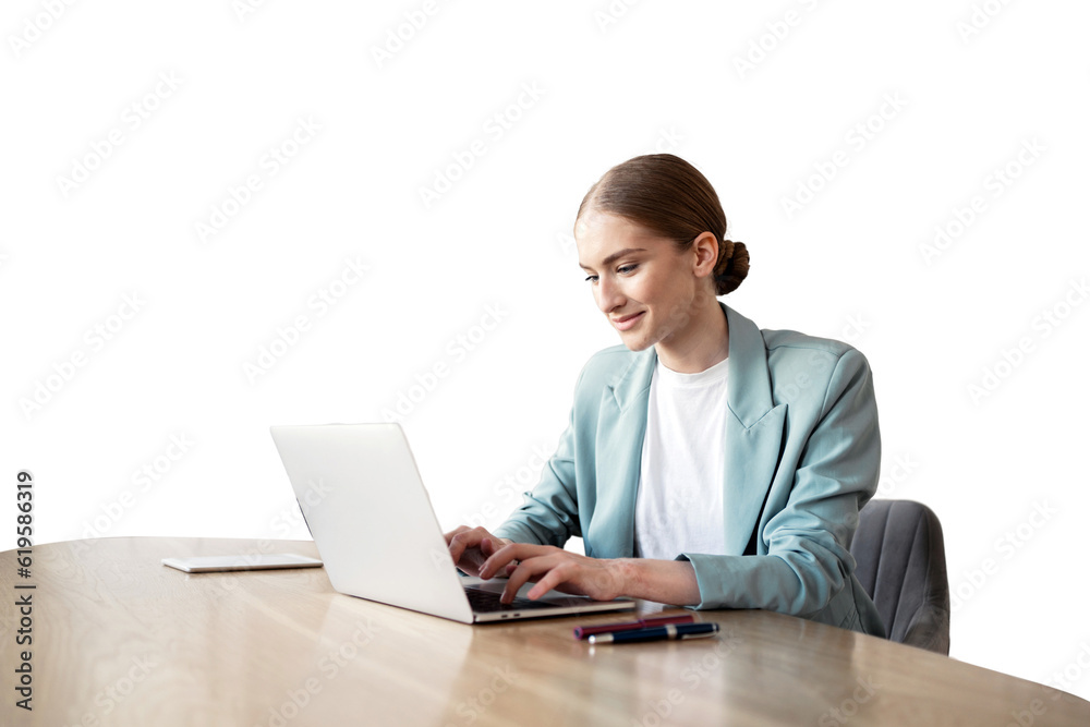 A freelancer employee works remotely, uses a laptop woman workplace office. Transparent background, png. - obrazy, fototapety, plakaty 