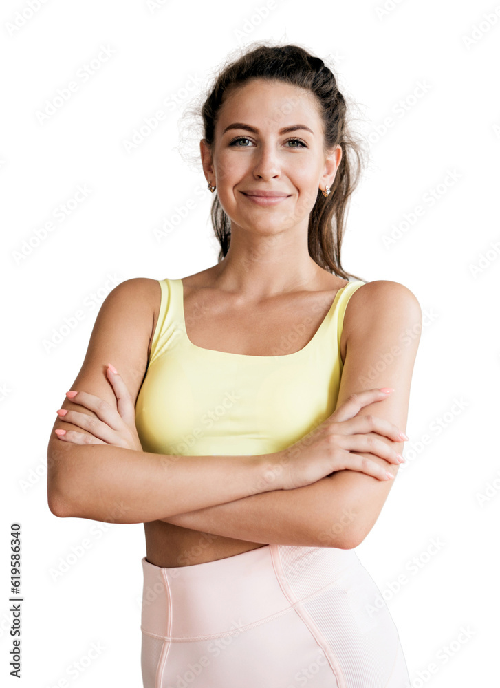 A confident coach looks into the camera, smiles and crosses her arms pose. Transparent background, png. A confident coach looks into the camera, smiles and crosses her arms pose. Transparent background, png.