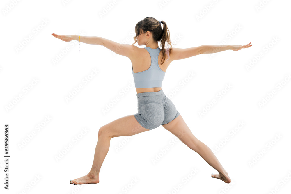 Yoga asana trainer a woman confident in fitness clothes stands and looks away. Transparent background, png. Yoga asana trainer a woman confident in fitness clothes stands and looks away. Transparent background, png.