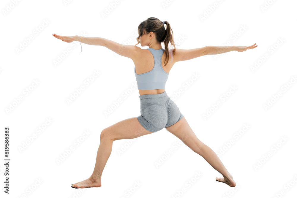 Yoga asana trainer a woman confident in fitness clothes stands and looks away. Transparent background, png.