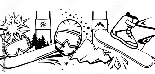 Pattern with snowboarding items. Winter sport illustration.