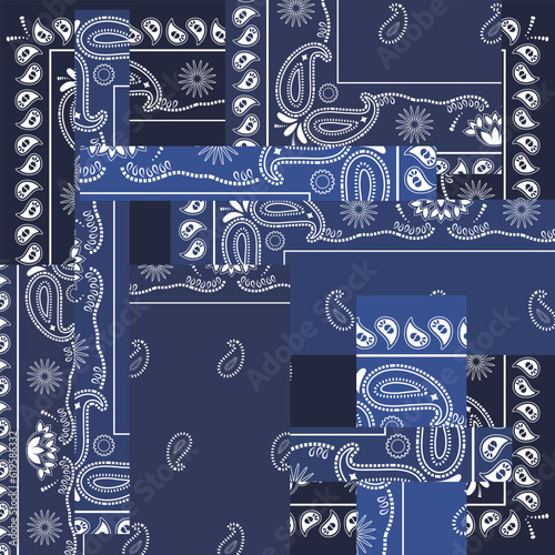 Blue bandana kerchief paisley fabric patchwork abstract vector seamless pattern