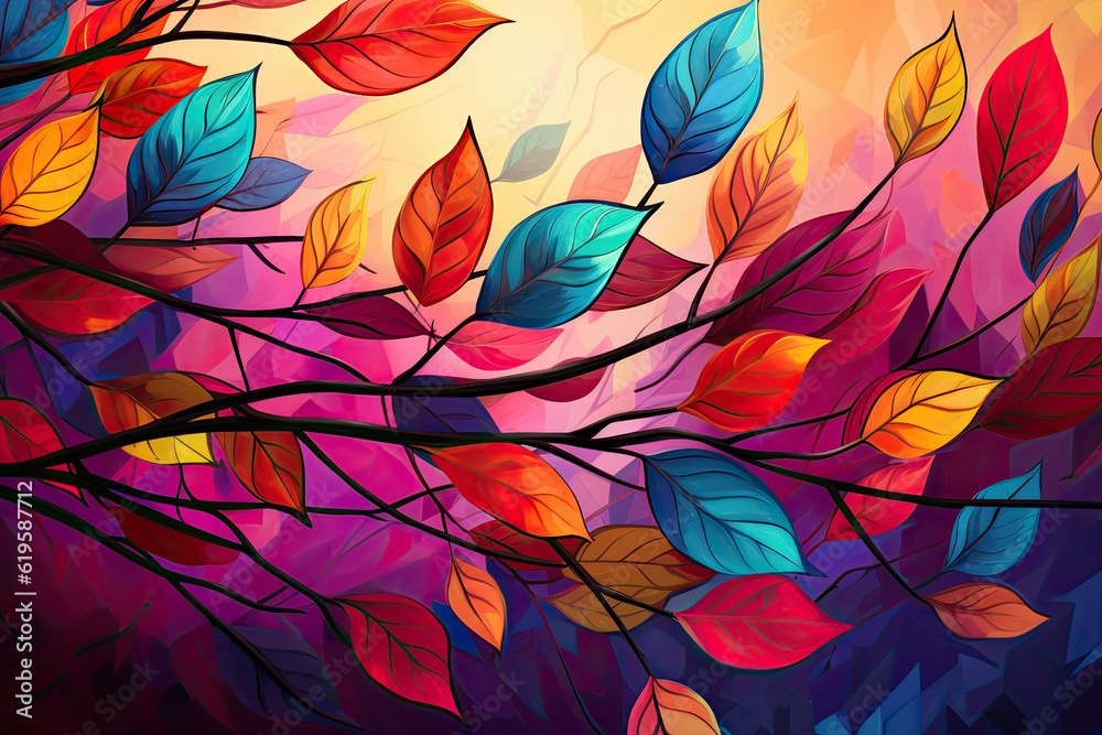 Illustration of colorful leaves on a branch. Generative AI.