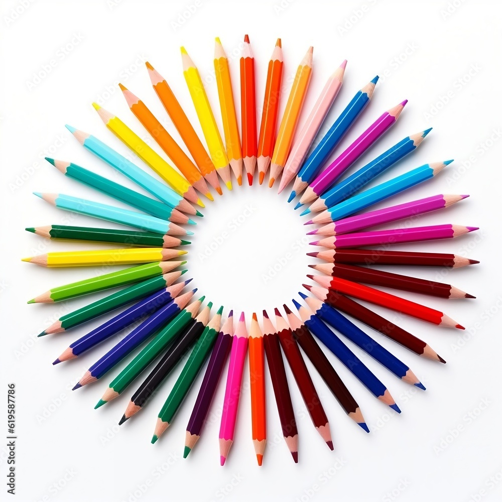 Colorful pencils in a circle with a white background, Back to school ,Generative AI Colorful pencils in a circle with a white background, Back to school ,Generative AI