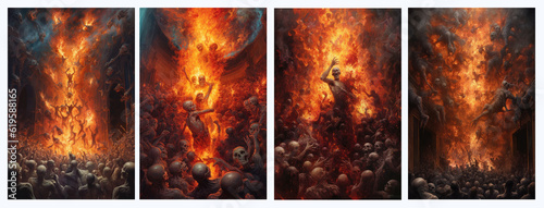 Dante's concept of Hell. There are skeletons and suffering souls in hell. Renaissance style perspective. Created with Generative AI technology.