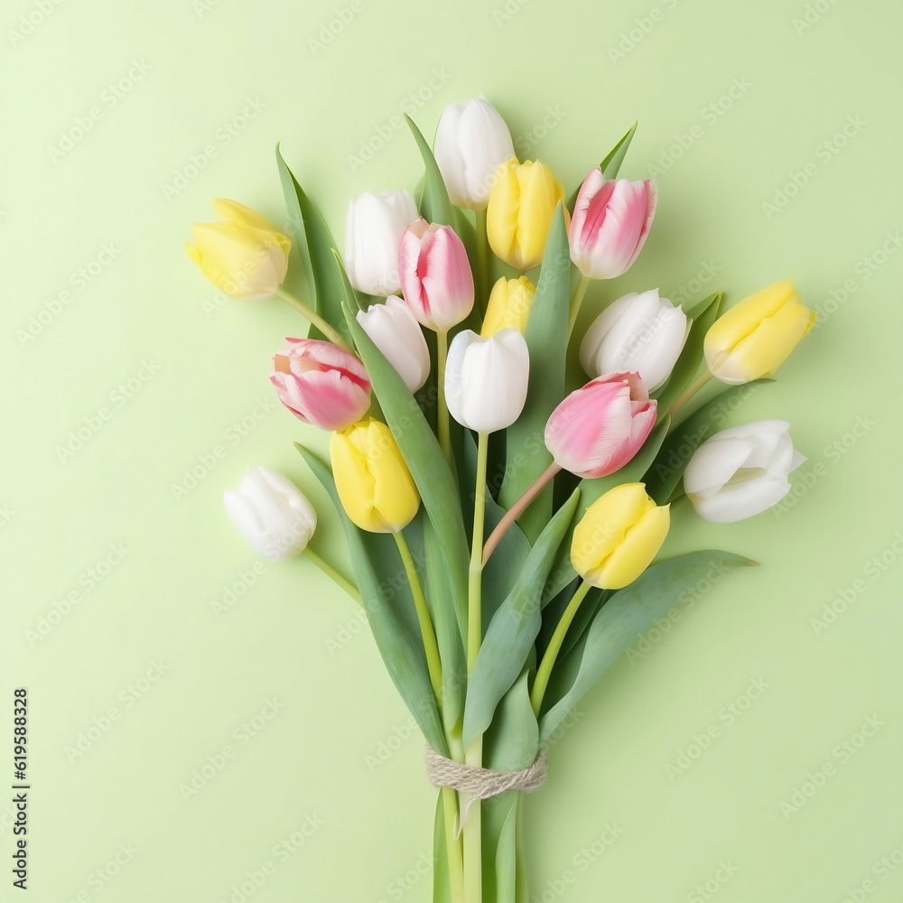 Obraz premium Flowers composition. Colorful tulips on pastel green background. Flat lay, top view, copy space