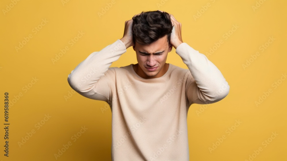 Portrait of a fictional white man isolated on a plain colored background. A person holding his head. Mad person. Generative AI illustration. Portrait of a fictional white man isolated on a plain colored background. A person holding his head. Mad person. Generative AI illustration.