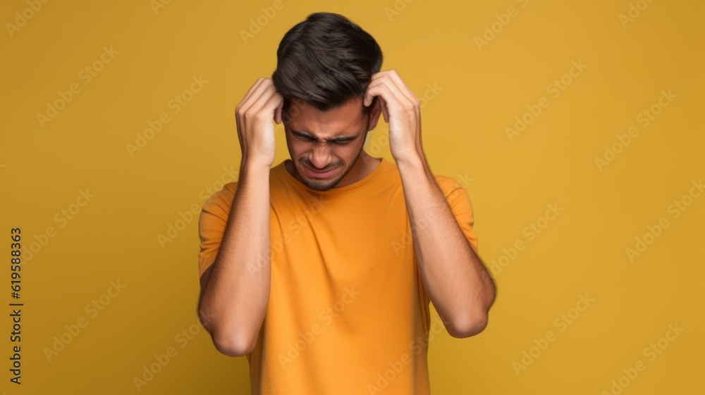 Portrait of a fictional white man isolated on a plain colored background. A crying person holding his head in his hands. Generative AI illustration. Portrait of a fictional white man isolated on a plain colored background. A crying person holding his head in his hands. Generative AI illustration.