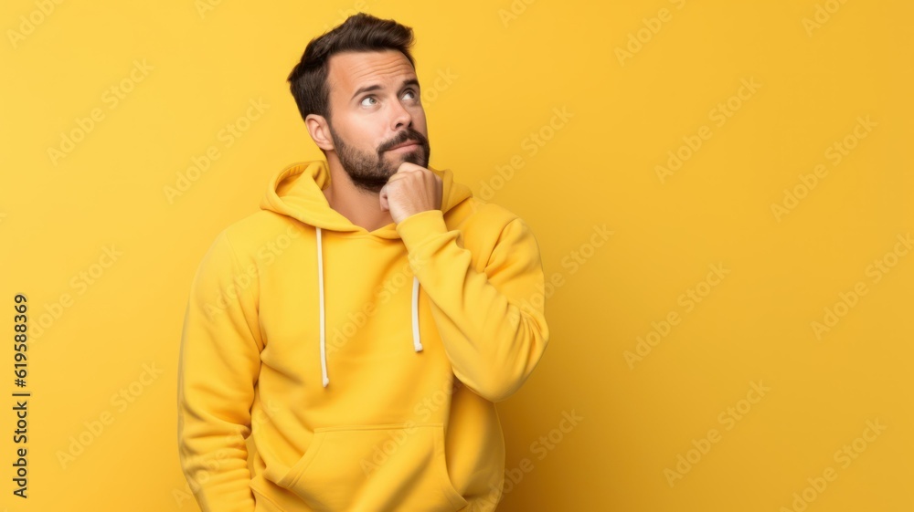 Portrait of a fictional white man isolated on a plain colored background. A person thinking. Generative AI illustration. Portrait of a fictional white man isolated on a plain colored background. A person thinking. Generative AI illustration.