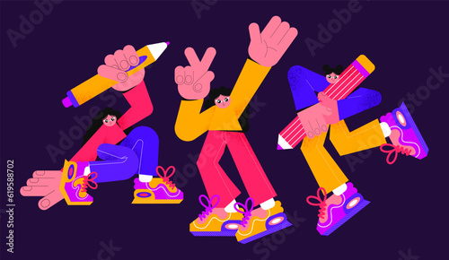Cartoon retro girls characters in 90s style. Teenagers artists with a pencil in a groovy hippie style. 