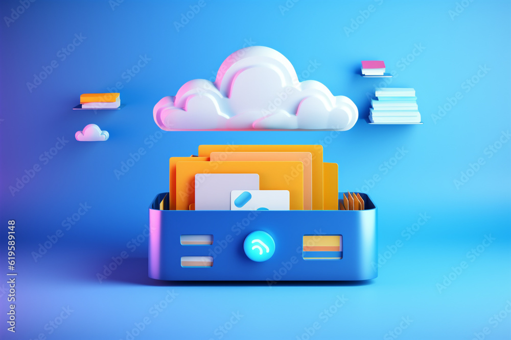 3d media cloud for management multimedia file document. Image and video document folder on digital file, app with data transfer 3d media cloud for management multimedia file document. Image and video document folder on digital file, app with data transfer