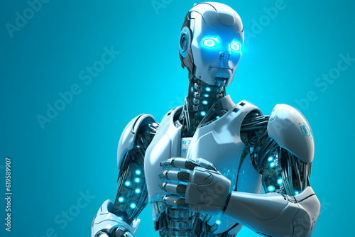 The figure of a robot on a blue background. Artificial intelligence concept. Modern technologies.