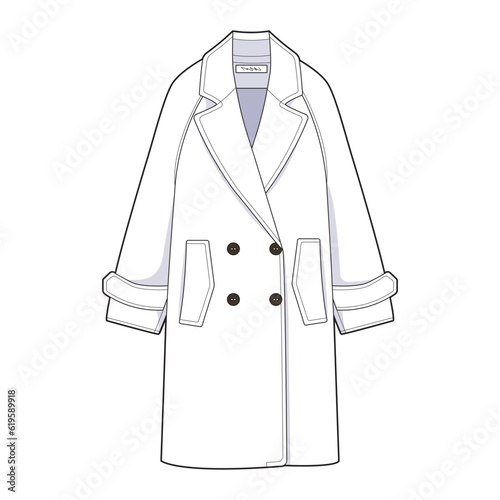 Coat outerwear front view fashion flat sketch for Tech Pack. Jacket with pockets, CAD drawing, black and white, vector graphics for garment production apparel brand, womenswear