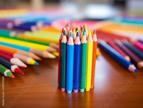Colorful pencils on a table with a yellow pencil and a yellow pen, Back to school ,Generative AI