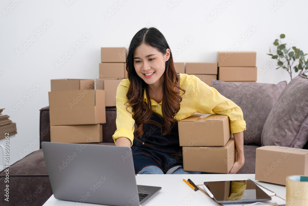 Efficient businesswoman managing online orders from sofa. Efficient businesswoman managing online orders from sofa.