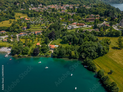 Beautiful panoramic aerial view from a drone of Orta San Giulia - the famous Italian city on the shores of Lake Orta.