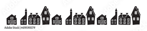 Banner of quirky house vector illustrations for graphic edging. Childish linocut rural cottage town border in scandi style. 