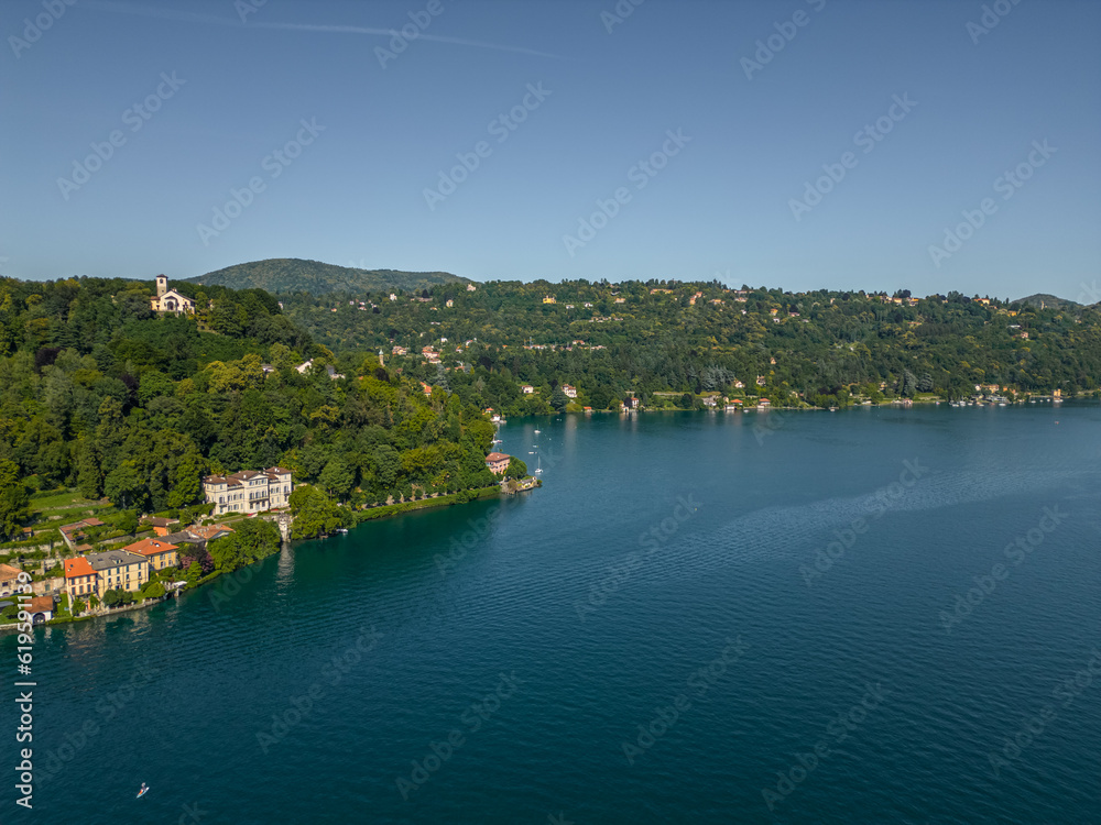 Beautiful landscape of Lake Orta from a drone