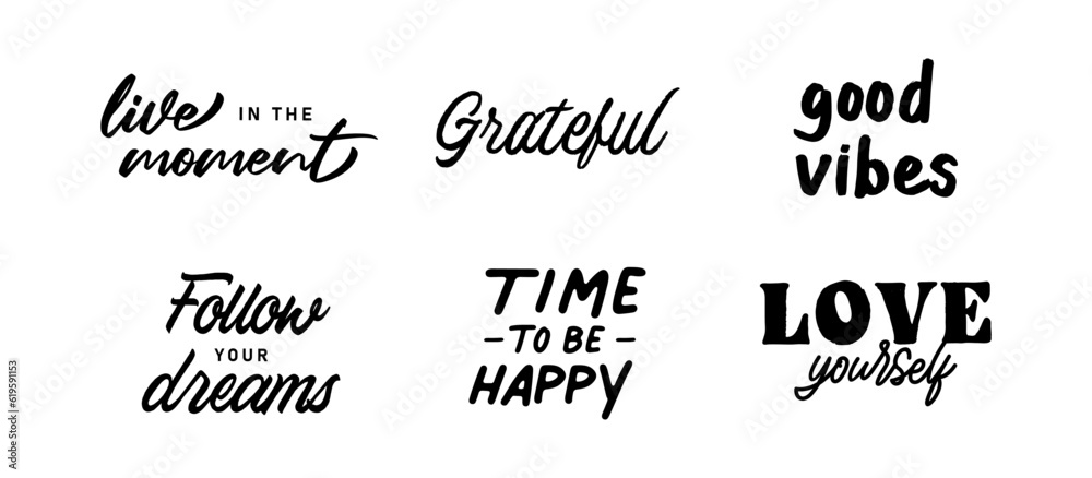 Vector set with Motivational quotes. Hand written inspirational phrases. Happiness and positive message banners. Vector set with Motivational quotes. Hand written inspirational phrases. Happiness and positive message banners.