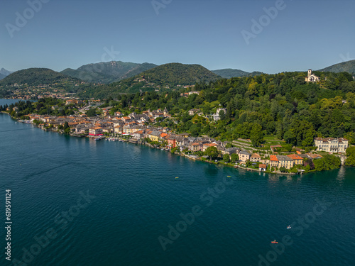 Beautiful landscape of Lake Orta from a drone