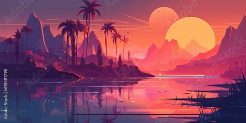 disco style party comics illustration of bright orange sunset on the beach. Blue montain, viollet palm, sun reflection on the sea.Ai generated
