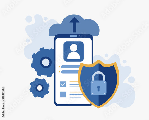 Cloud computing security, cloud engine, data protection, virtual application, storage access abstract metaphor. Vector illustration symbol element for web design and apps.