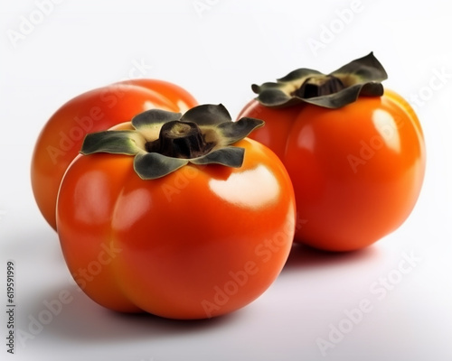 Three delicious ripe fresh persimmons fruit isolated on a white background. Generative ai.