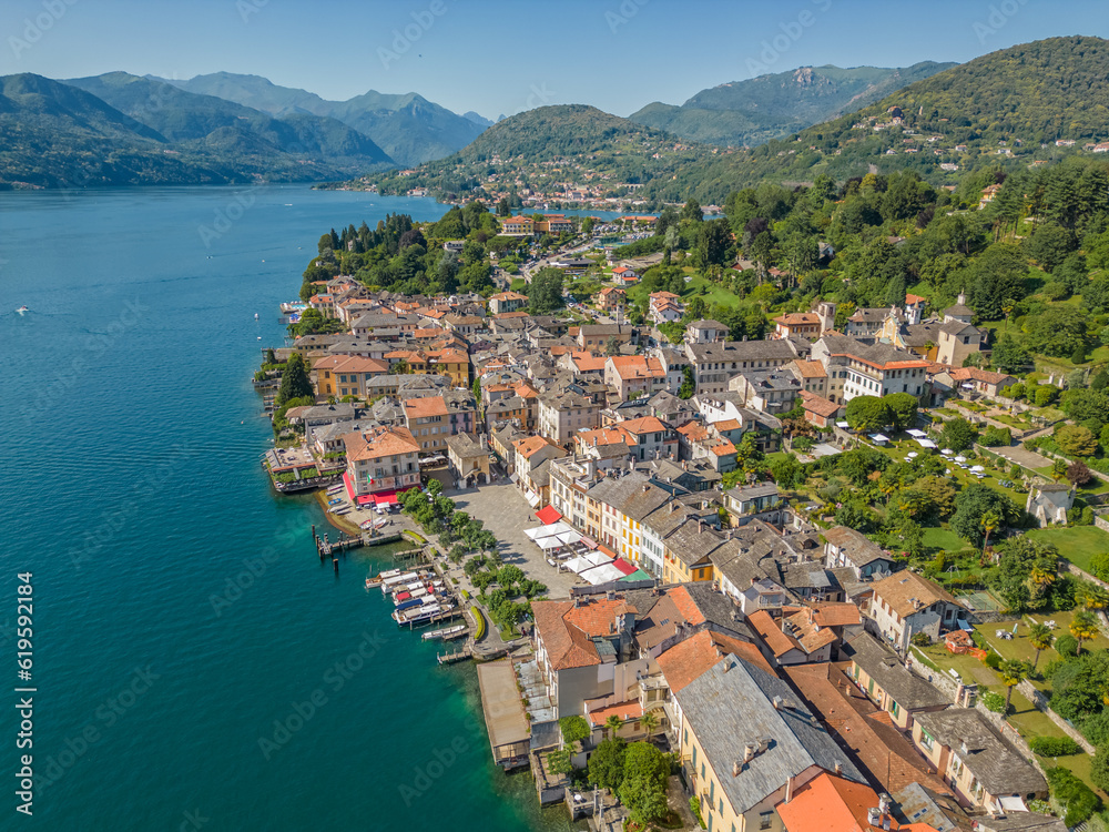 Aerial photo Lake Orta in Piedmont (Piemonte), Italy with the St. Julius Island (Isola di San Giulio) and the town of Orta San Giulio in the center