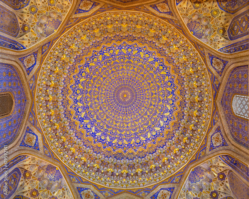 Painted gilded dome of Madrasa Tilya Kori  Registan complex . Gold and blue. Samarkand  Uzbekistan