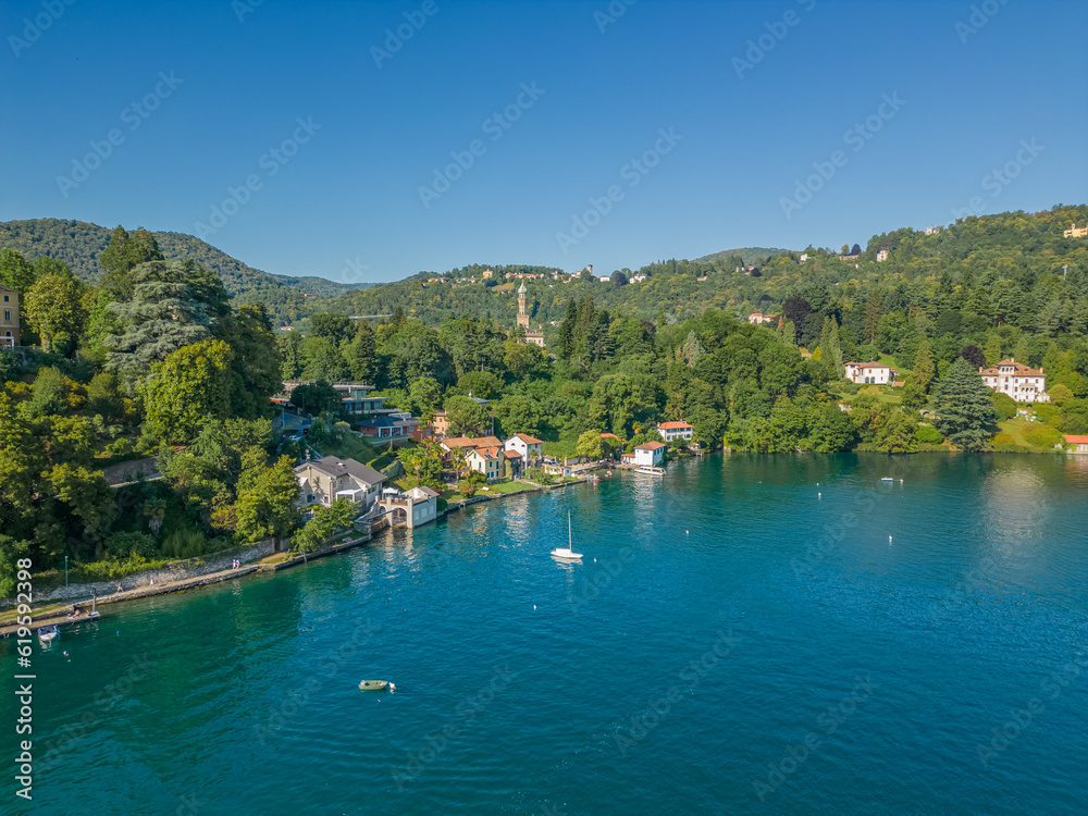 Aerial photo Lake Orta in Piedmont (Piemonte), Italy with the St. Julius Island (Isola di San Giulio) and the town of Orta San Giulio in the center