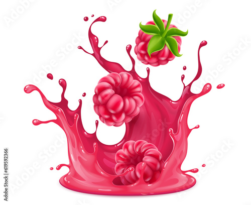 Raspberry fruits falling down into the juice splash. Vector