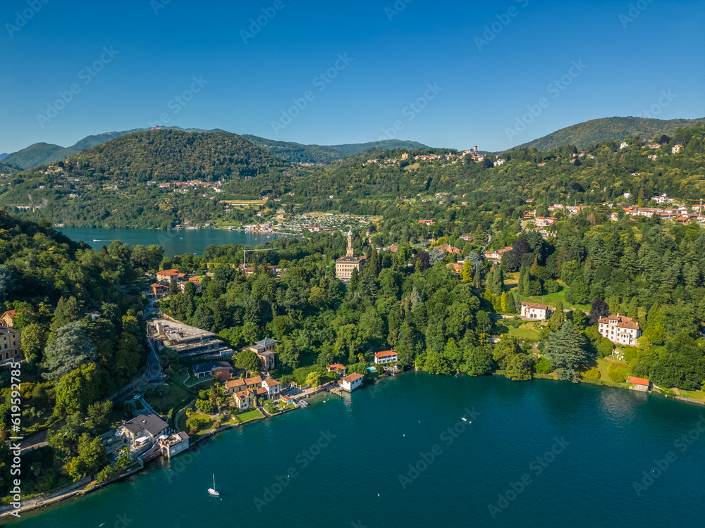 Fototapeta premium Aerial view lake Orta, Italy, Piemonte. Beautiful nature of Italy. Loving Nature. Harmony Calm Relaxation. Save Earth Green Planet.