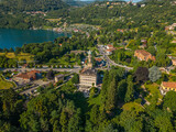 Aerial view Orta San Giulio, Piedmont, Italy. Holidays on a romantic lake in Italy