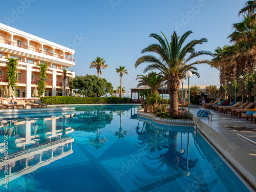Rethymnon, Crete, Greece - Juni 15, 2022: Swimming pool at hotel in Rethymnon on Crete, Greece